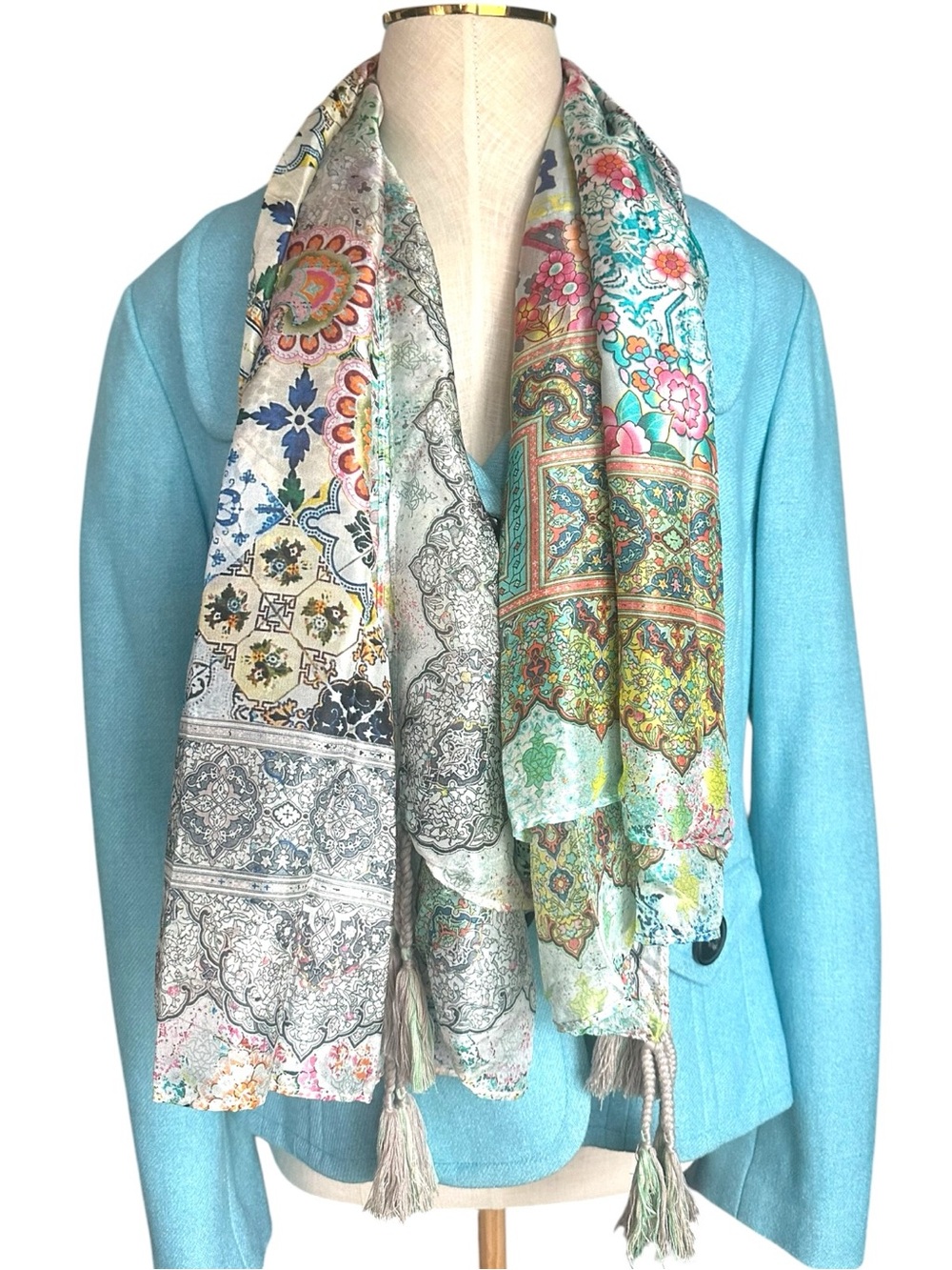 Johnny Was NWT 100% Silk Tassel Scarf Boho Floral Paisley Wrap Shawl